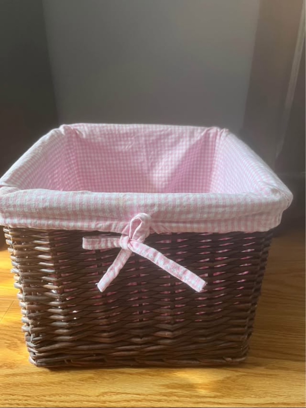 Pink Gingham Lined Wicker Square basket